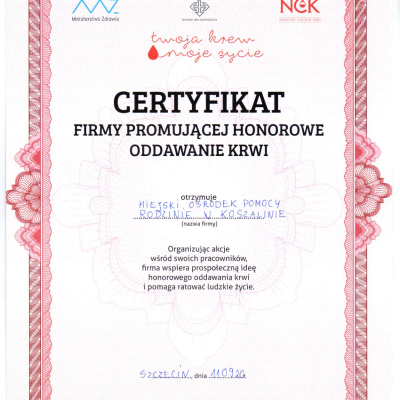 Certyfikat - Firmy Promujące Honorowe Oddawanie Krwi