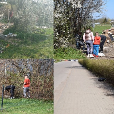 Kolaż zdjęć przedstawia porządkowanie podwórka